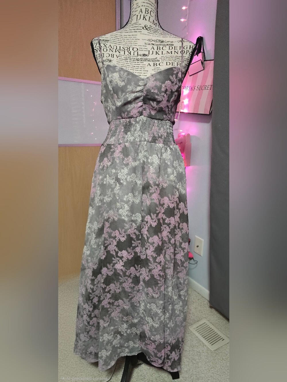 Vera Wang Gray Maxi Dress with Pink Floral Lace